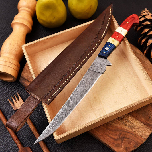 Handmade Damascus steel fillet knife with pakkawood handle and leather sheath, showcasing high-quality craftsmanship.