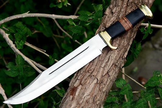 Handmade J2 Steel Bowie Crocodile Dundee Knife with brass guard and leather handle.