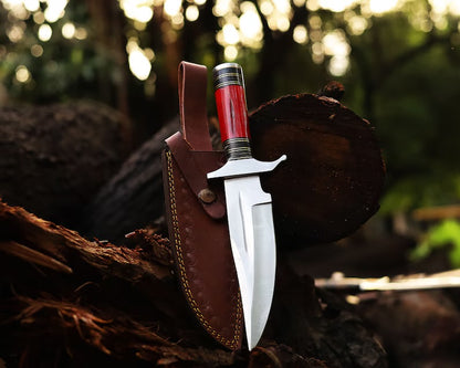 Custom Handmade J2 Steel Bowie Knife – 13-Inch Blade with Colorful Bone and Steel Guard Handle, Includes Leather Sheath