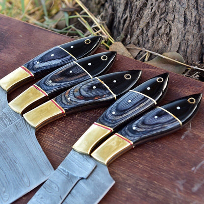 High-quality Damascus steel knife set featuring pakkawood and brass bolster handles