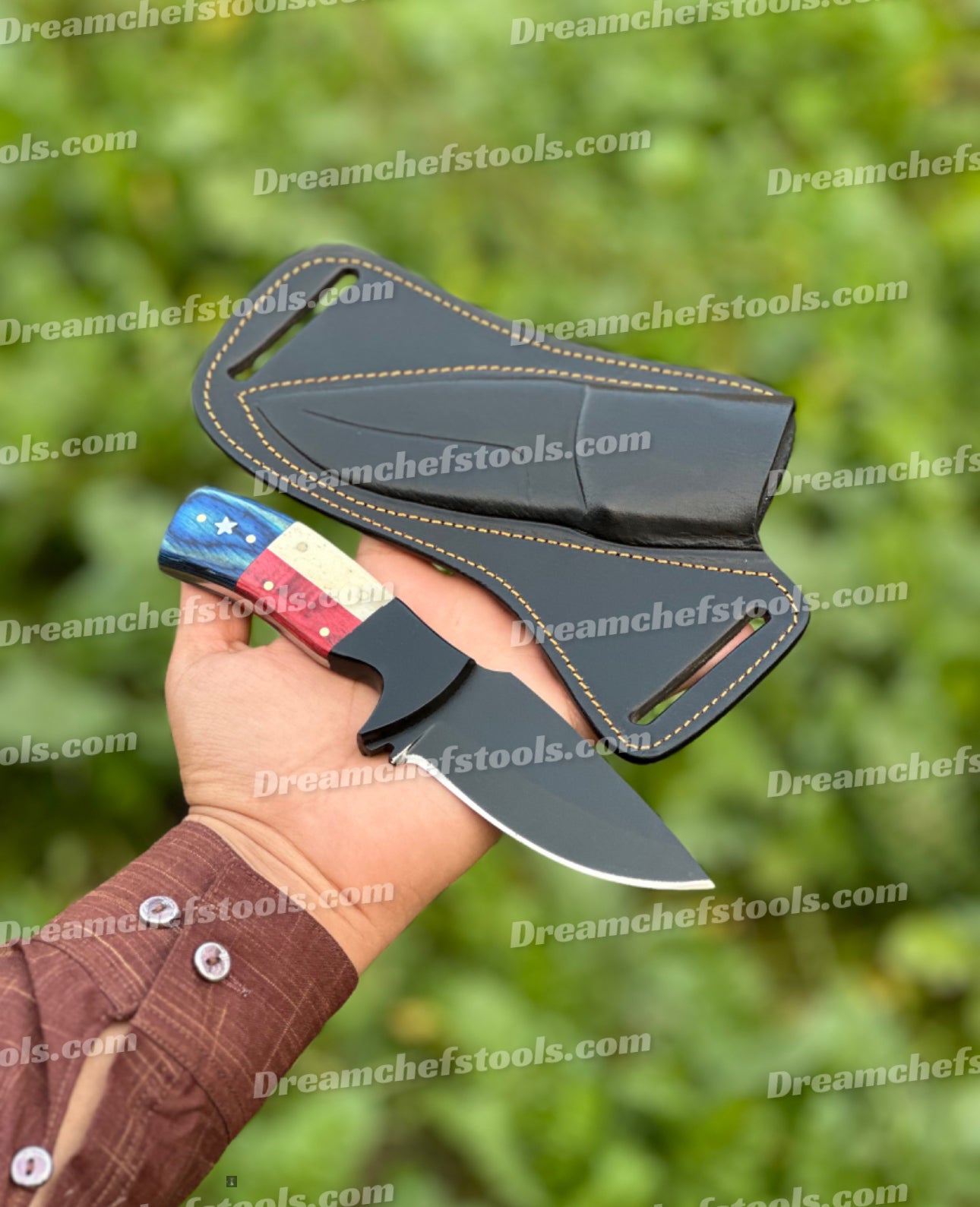 High-quality J2 steel skinning knife with durable powder coat finish and leather sheath.