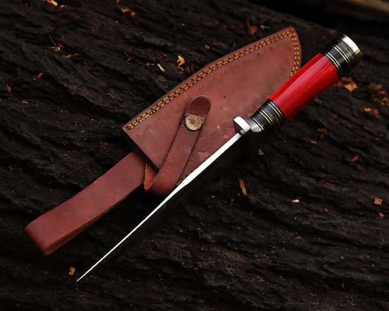 Custom Handmade J2 Steel Bowie Knife – 13-Inch Blade with Colorful Bone and Steel Guard Handle, Includes Leather Sheath