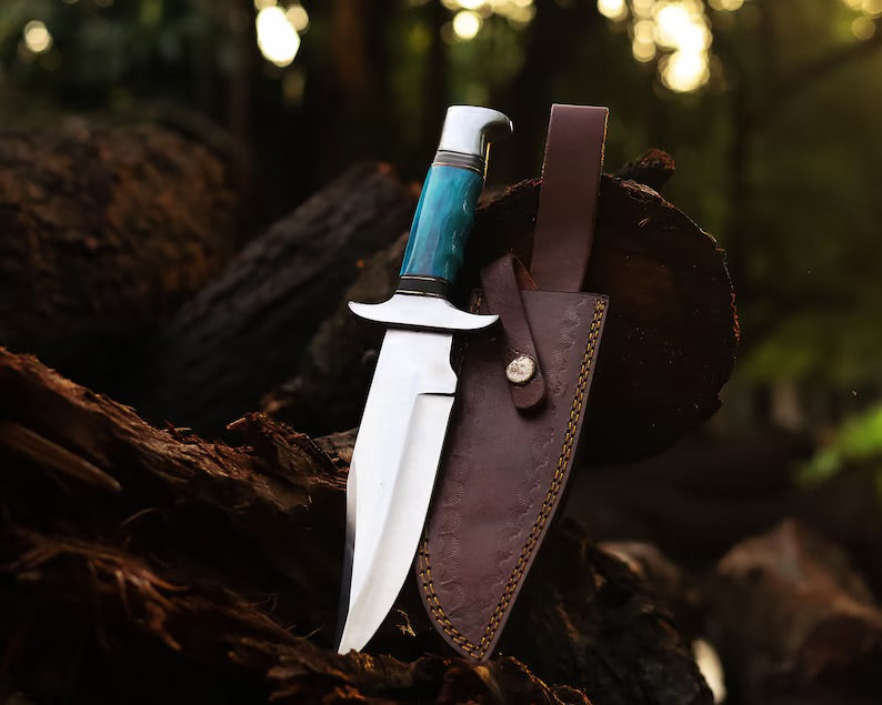 Handmade J2 Steel Bowie Knife with colorful bone handle, 13-inch blade, steel guard, and included leather sheath for carrying