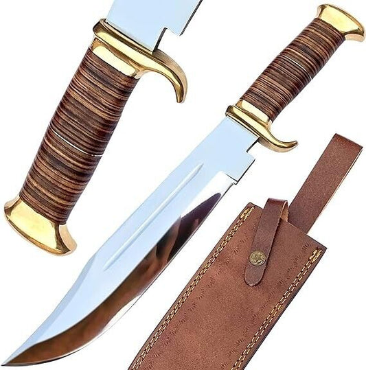 J2 steel Bowie Crocodile Dundee knife with a brass guard and leather handle