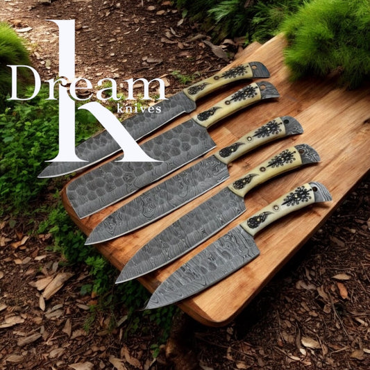 "Luxury Damascus Steel Cooking Knives Set – Artisan Crafted"

