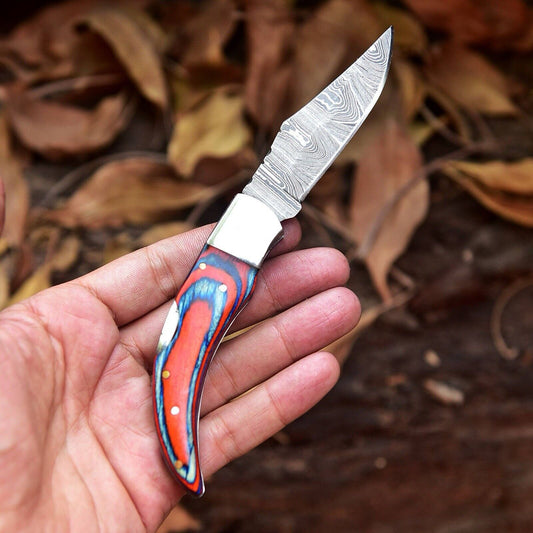 Fall Edition – New Handmade Damascus Pocket Knife 4" with Pakka Wood Handle & Leather Belt Sheath