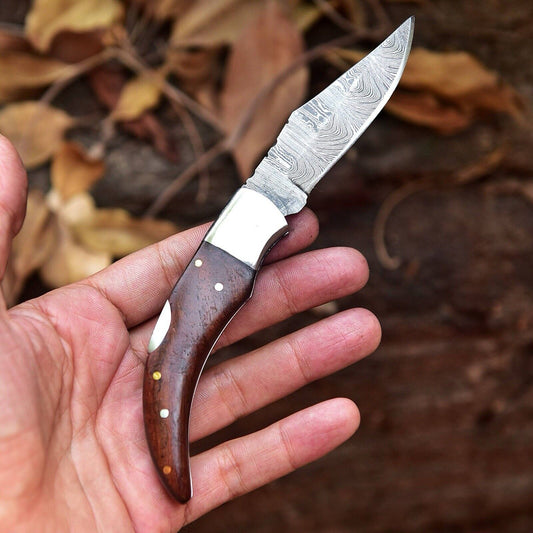 Fall Harvest Edition – Damascus Steel Pocket Knife | 4" EDC Rosewood Handle with Leather Carry Case

