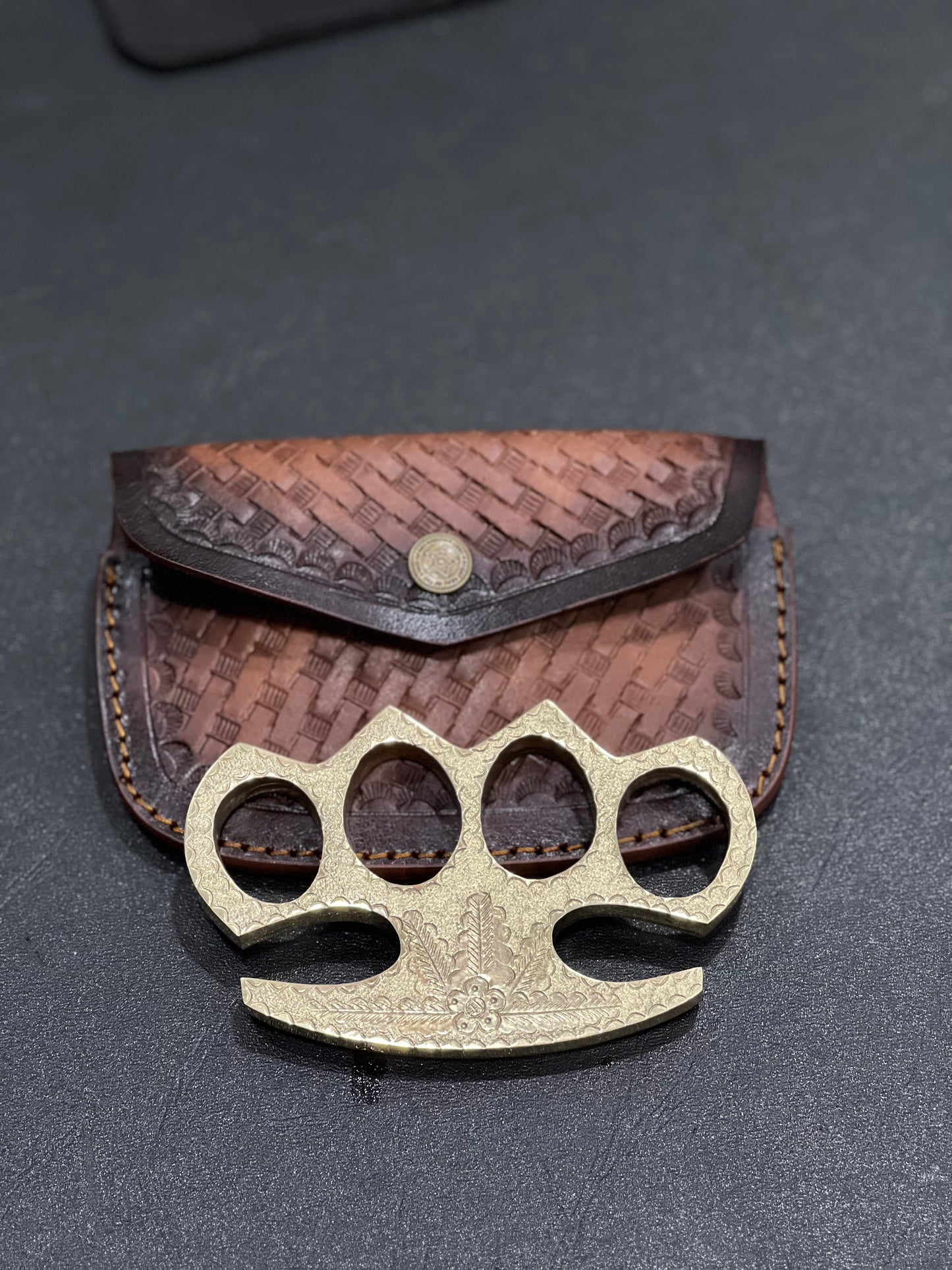 Patriotic Brass Engraved Knuckles with Belt Loop Leather Case for Everyday Carry