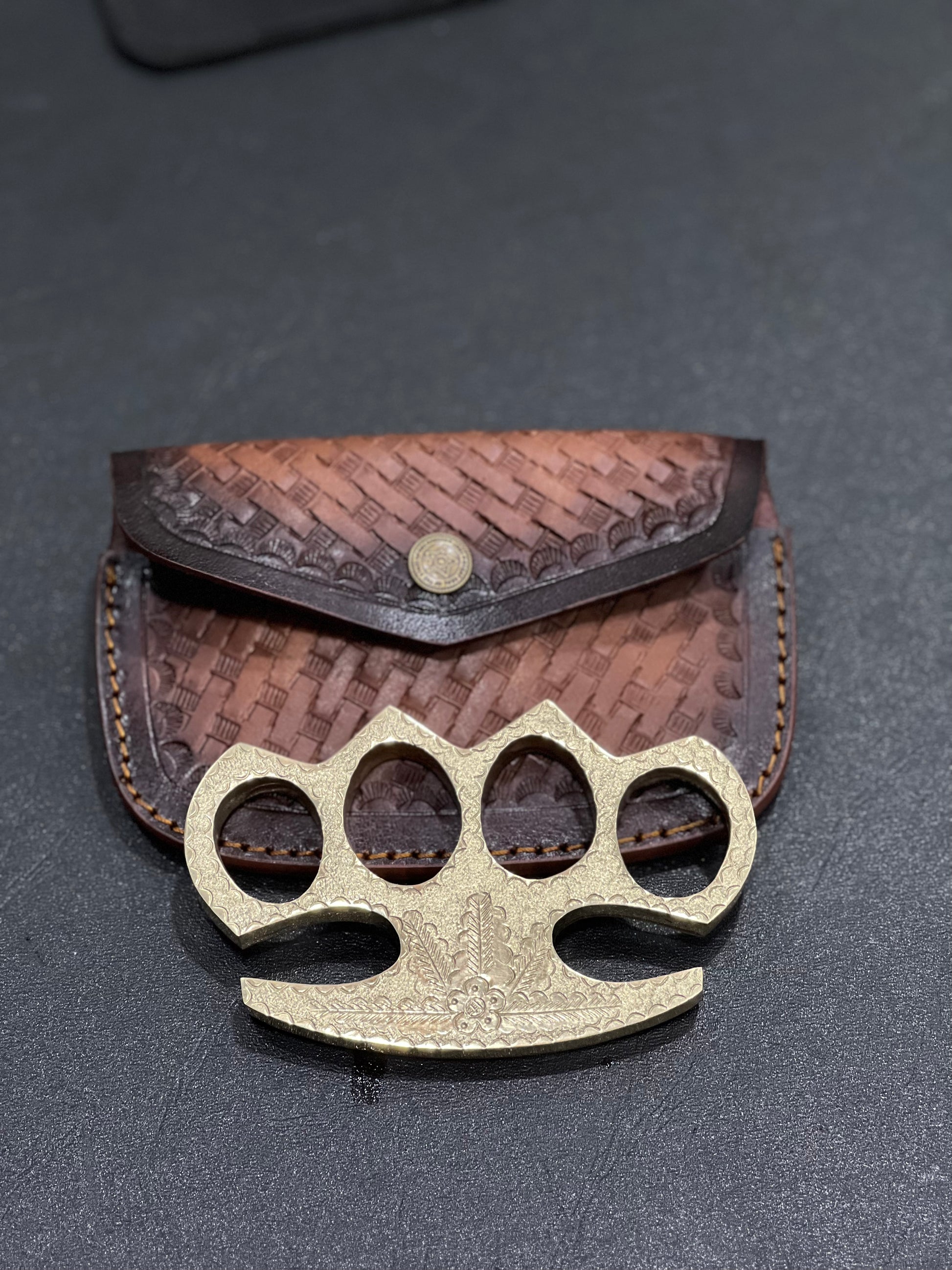 Patriotic Brass Engraved Knuckles with Belt Loop Leather Case for Everyday Carry