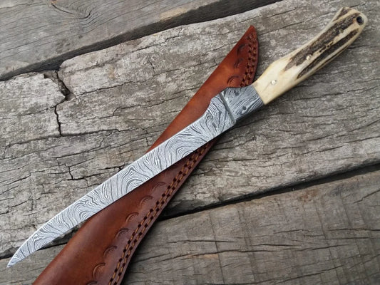 Premium 13" Damascus Fishing Fillet Knife with Antler Horn Handle, Damascus Guard, and Leather Sheath
