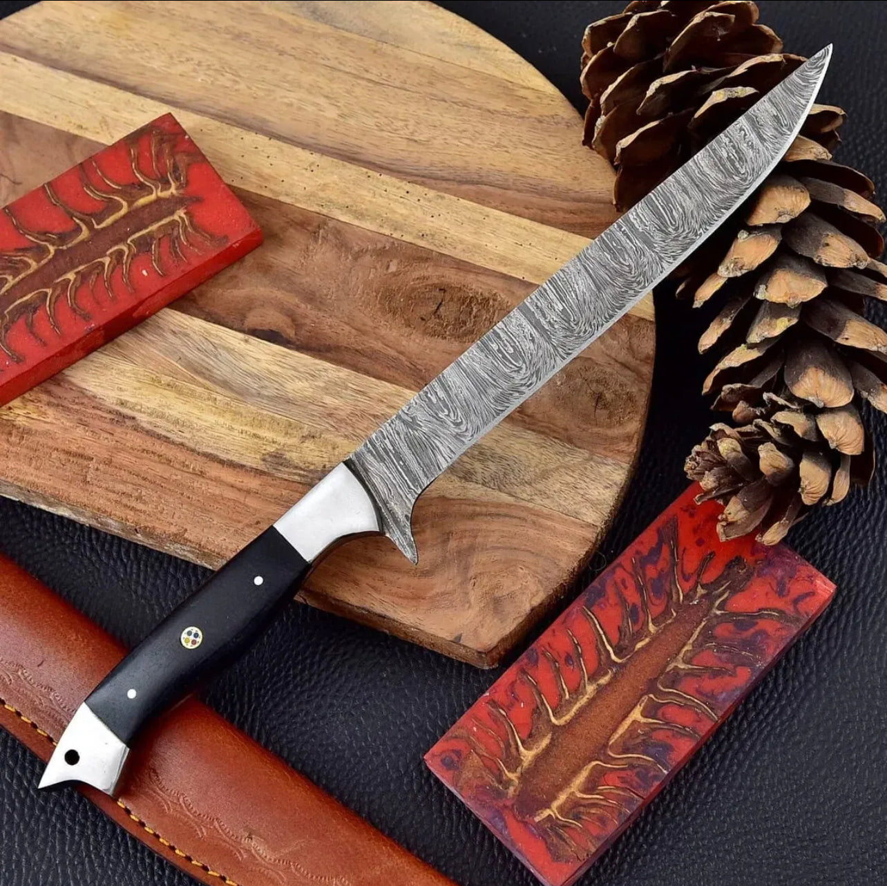 Premium 13" Damascus Steel Fillet Knife with Buffalo Horn Handle and Steel Bolster, Complete with Leather Sheath