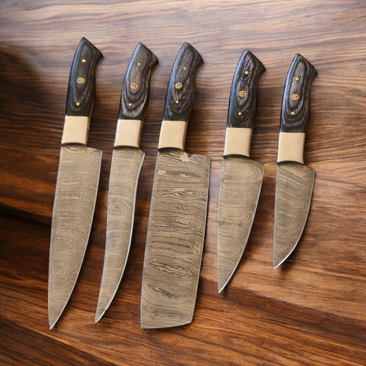 "Premium Damascus Knife Set with Leather Case – High-Carbon Steel Blades & Pakkawood Handles"

