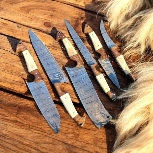 "Premium Damascus Steel Chef Knife Set with Rosewood & Camel Bone Handle"


