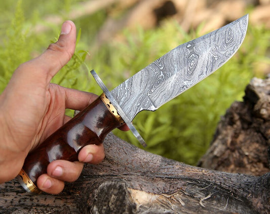 Premium Handmade 10.5-Inch Damascus Steel Bowie Knife with Rosewood Handle and Damascus Steel Guard