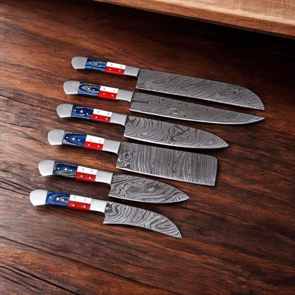 "Professional Chef Knives Set with Damascus Steel Blades and American Flag Handles"
