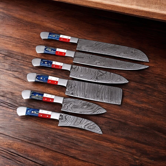 "Professional Chef Knives Set with Damascus Steel Blades and American Flag Handles"
