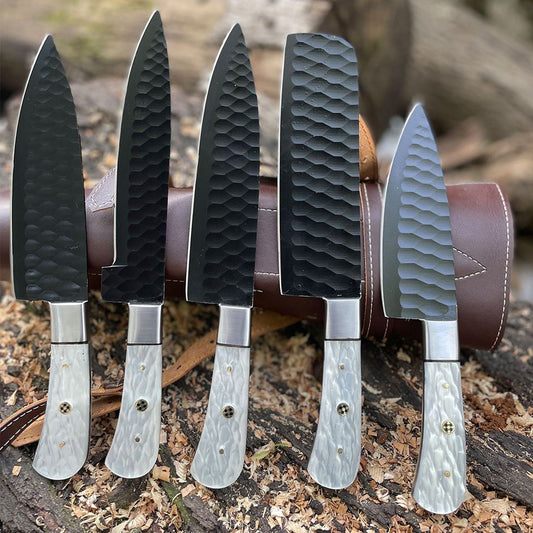 "Professional Custom Chef Knife Set with Stainless Steel Blades & Leather Case"

