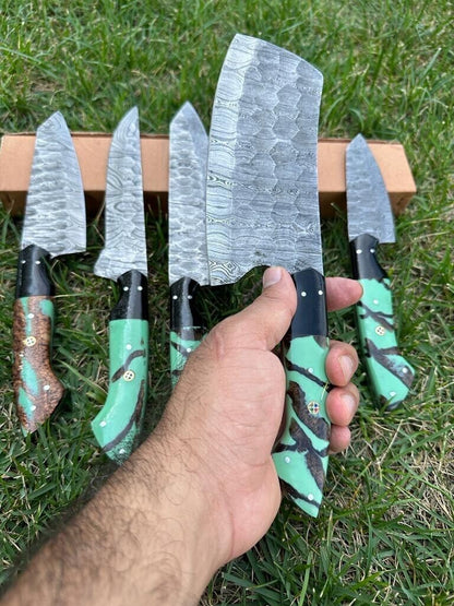 Professional chef using a 13-inch Damascus steel knife from a custom handmade kitchen knife set for precise vegetable slicing