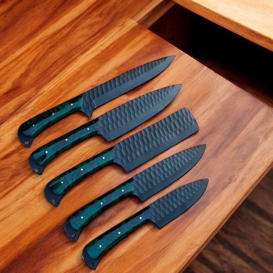 "Professional custom chef knife set with stainless steel blades, ergonomic resin handles, and leather belt loop case displayed on a wooden cutting board"

