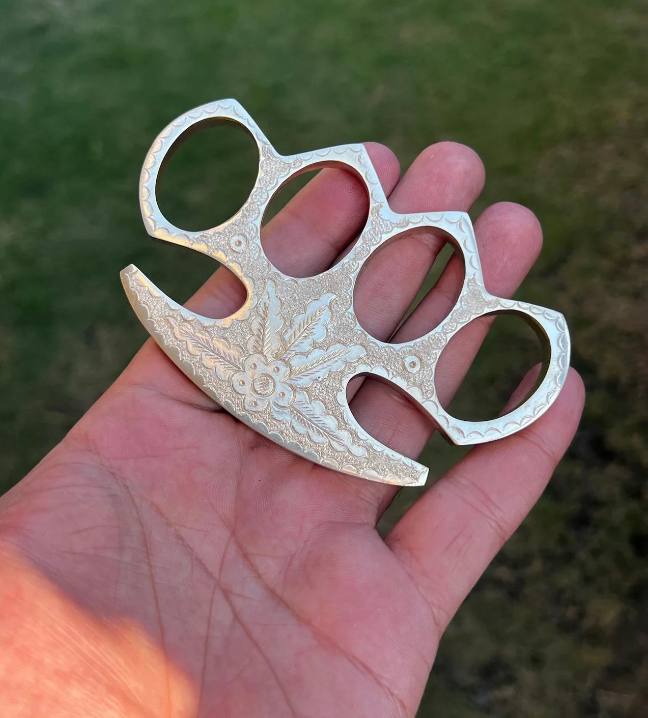 Solid Brass Hand-Engraved Knuckles with Belt Loop Leather Case for Everyday Carry