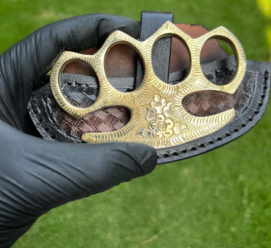 Solid Brass Handmade Engraved Knuckle Duster with Leather Case for Self Defense
