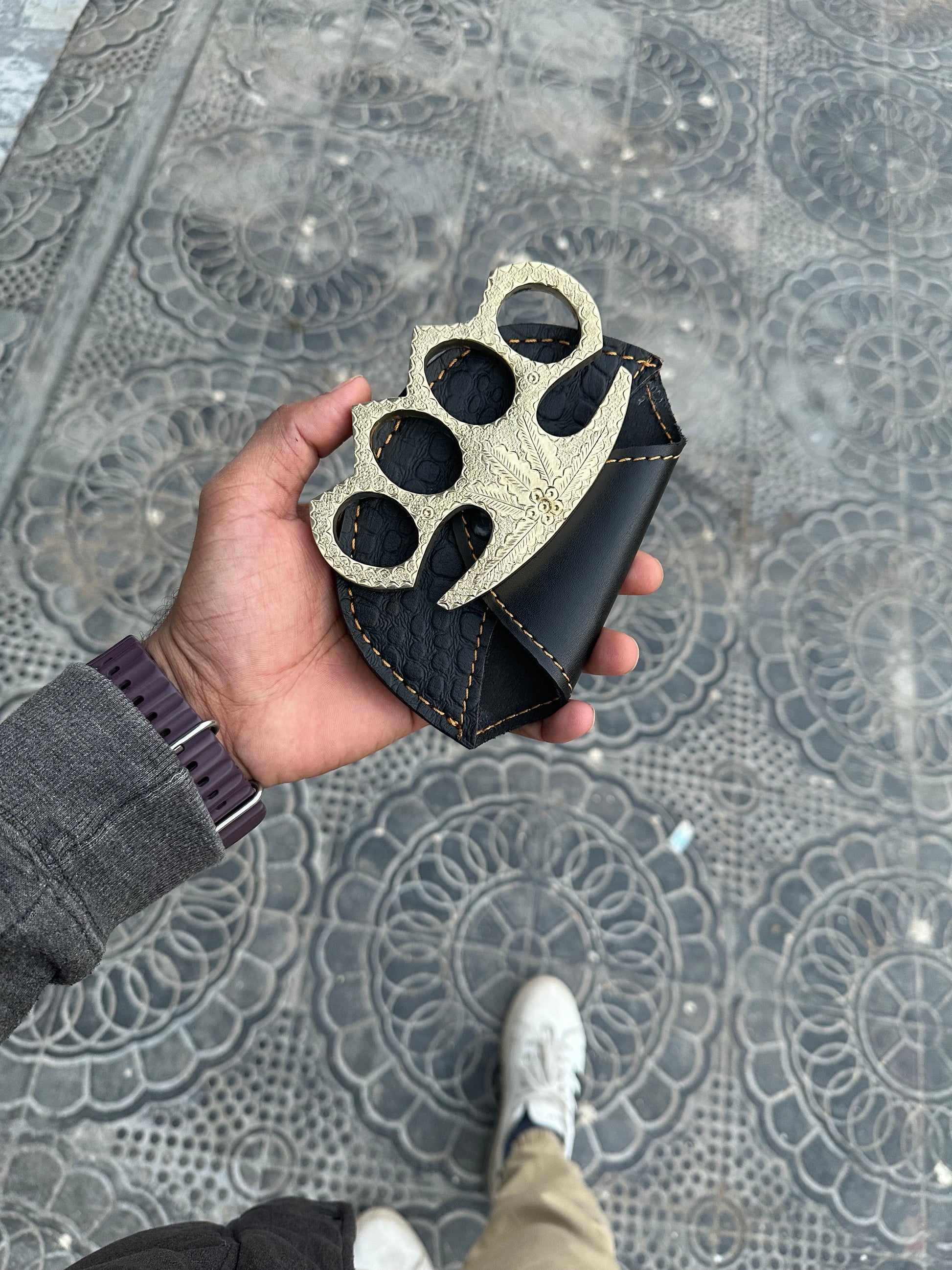 Handmade engraved Solid brass knuckle duster with leather case, perfect for everyday carry