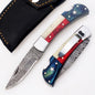 Texas flag handle Damascus pocket knife with leather sheath included