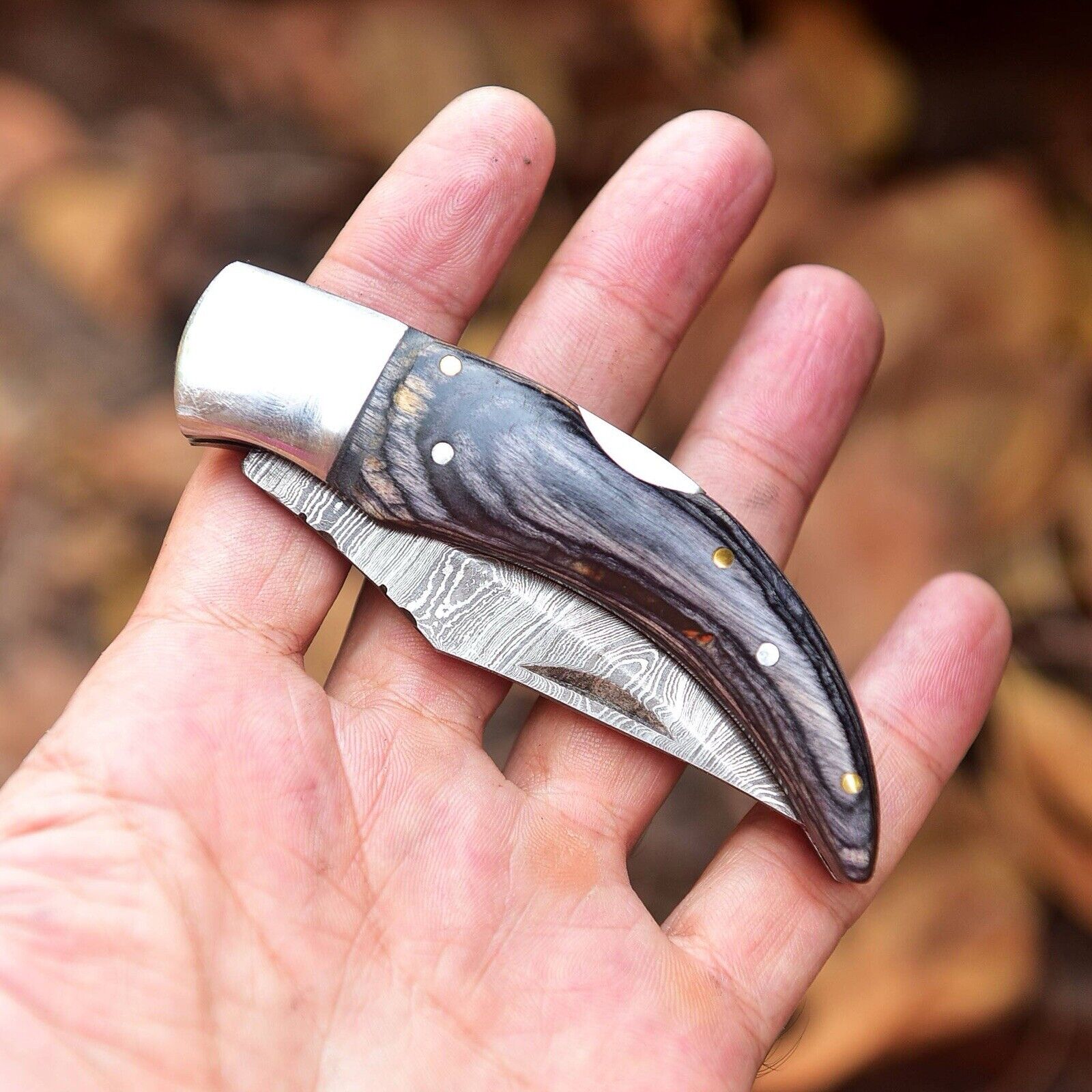Top Damascus Steel Pocket Knife with Rosewood Handle and Belt Loop Leather Case