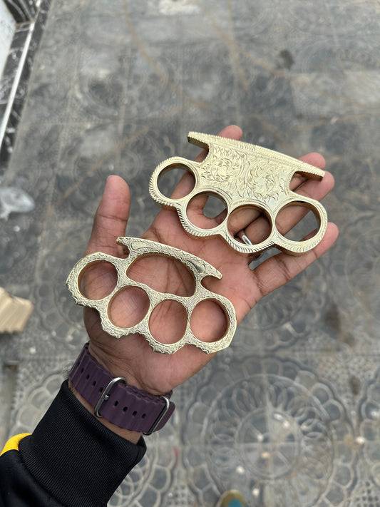 Unique handmade brass knuckle with custom engravings and leather belt loop case