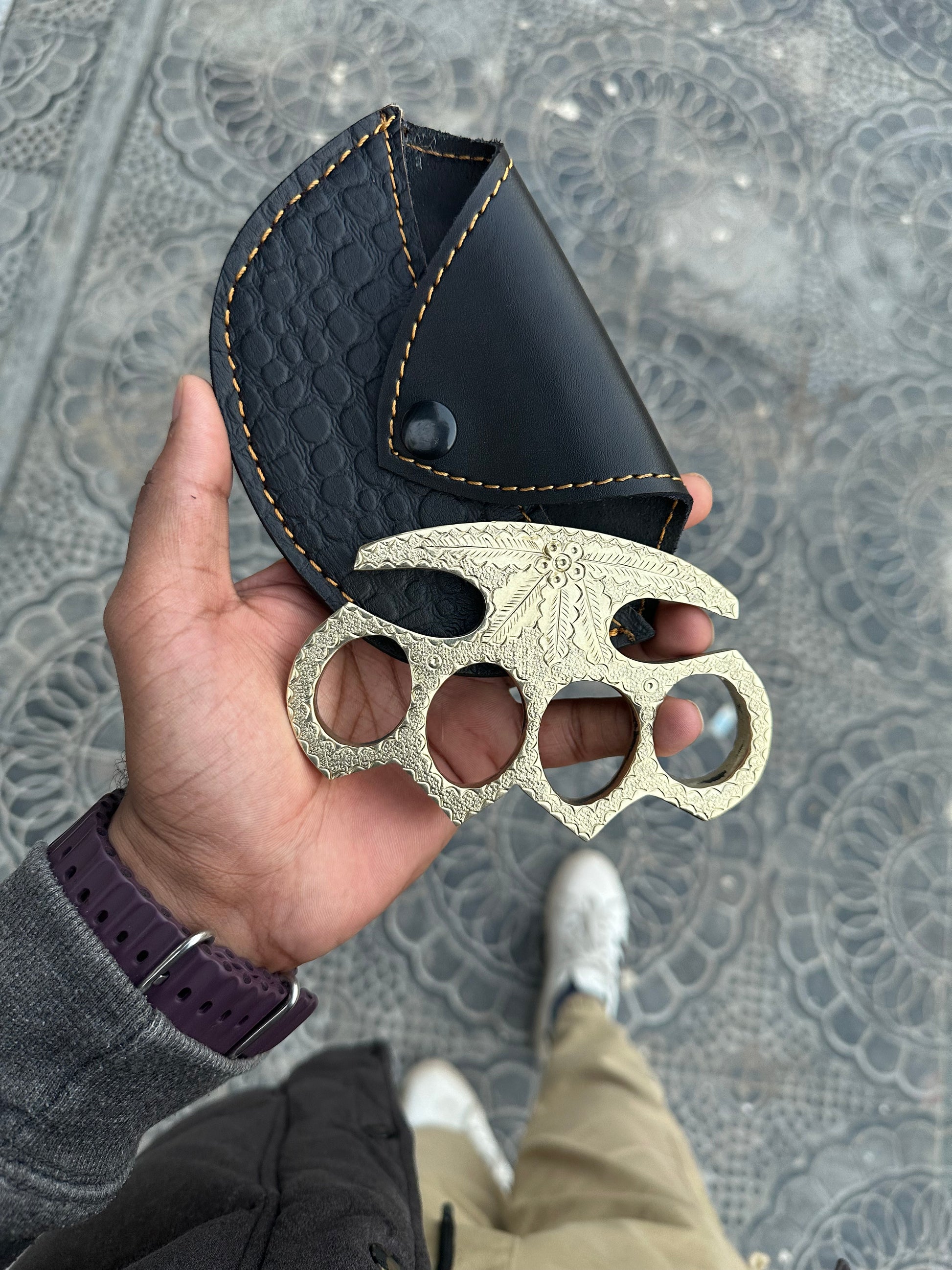  Handmade Engraved Brass Knuckle with Leather Sheath - Durable Self-Defense Tool”