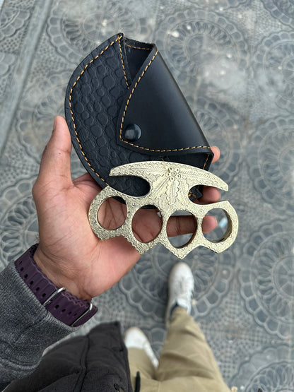  Handmade Engraved Brass Knuckle with Leather Sheath - Durable Self-Defense Tool”