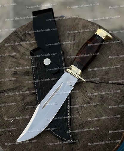 handmade 13-inch D2 steel hunting Bowie knife with a leather handle, brass guard, and a beautifully crafted leather sheath