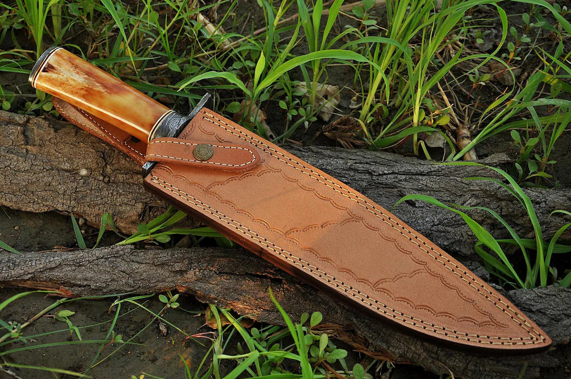 Custom Handmade Damascus Steel Hunting Bowie Knife - 15" Blade, Damascus Steel Guard, Bone Handle, with Leather Sheath