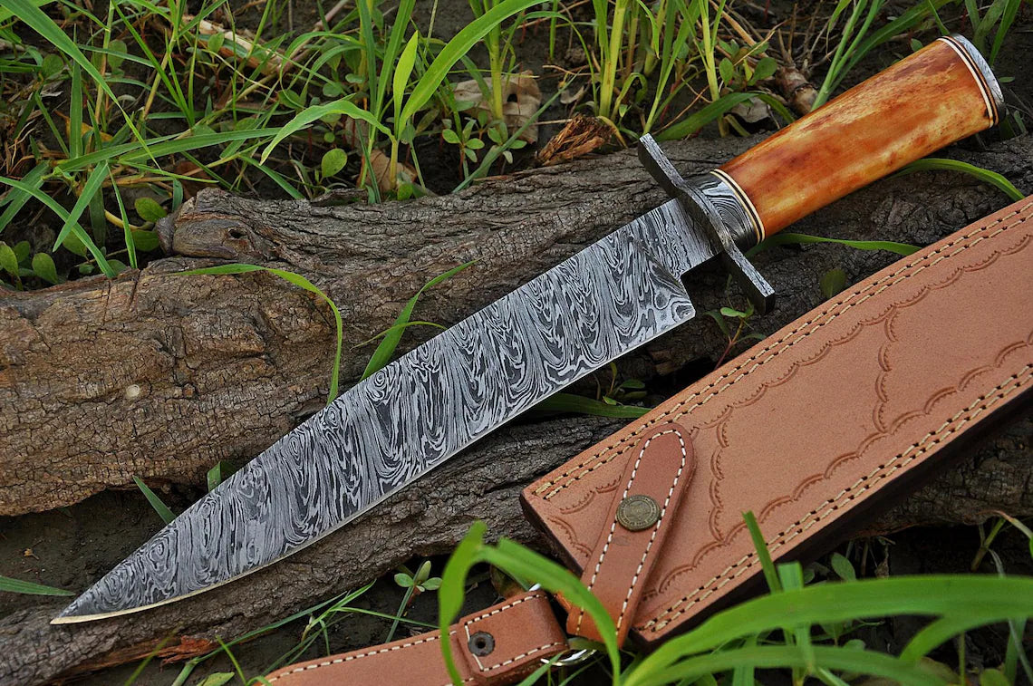 Custom Handmade Damascus Steel Hunting Bowie Knife - 15" Blade, Damascus Steel Guard, Bone Handle, with Leather Sheath