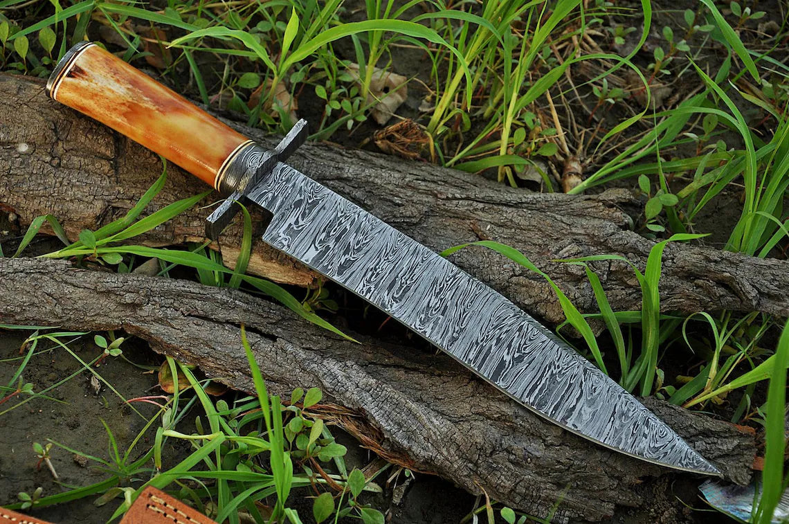 Custom Handmade Damascus Steel Hunting Bowie Knife with 15" Blade, Damascus Steel Guard, Bone Handle, and Leather Sheath