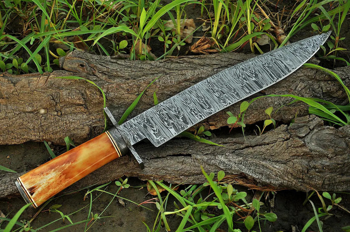 Custom Handmade Damascus Steel Hunting Bowie Knife with 15" Blade, Damascus Steel Guard, Bone Handle, and Leather Sheath