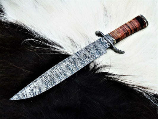 Custom Handmade Damascus Steel Hunting Bowie Knife with 15" Blade, Damascus Steel Guard, Leather Handle, and Leather Sheath