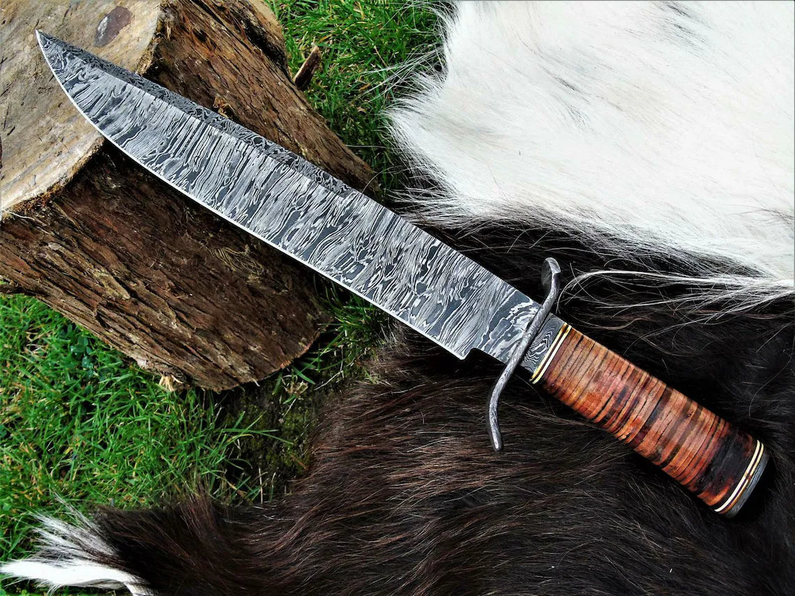 Custom Handmade Damascus Steel Hunting Bowie Knife with 15" Blade, Damascus Steel Guard, Leather Handle, and Leather Sheath