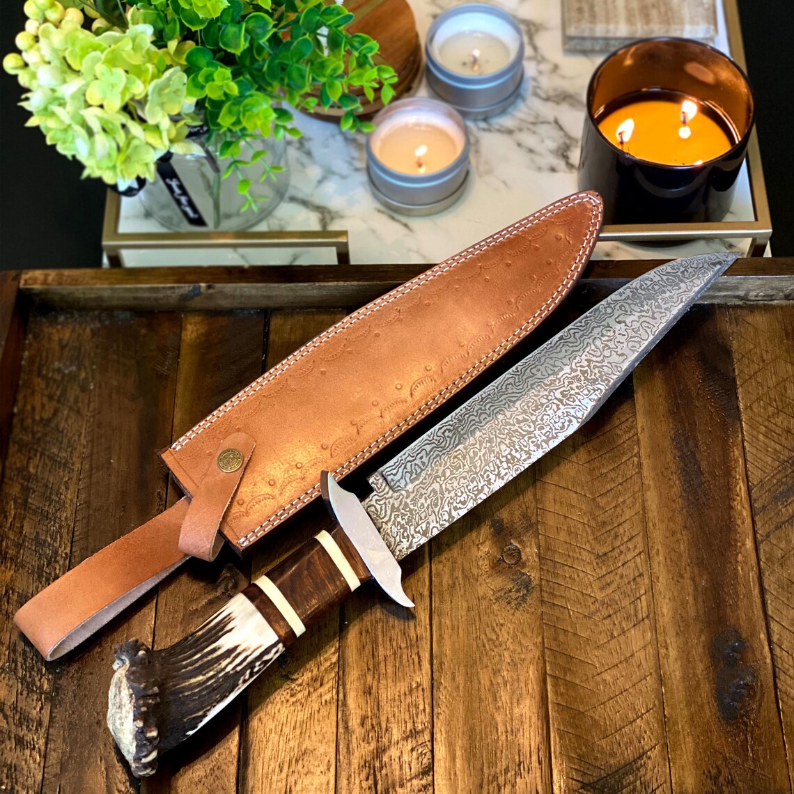 Custom Handmade Damascus Steel Bowie Knife – 15” Length with Stag Crown Handle and Leather Sheath