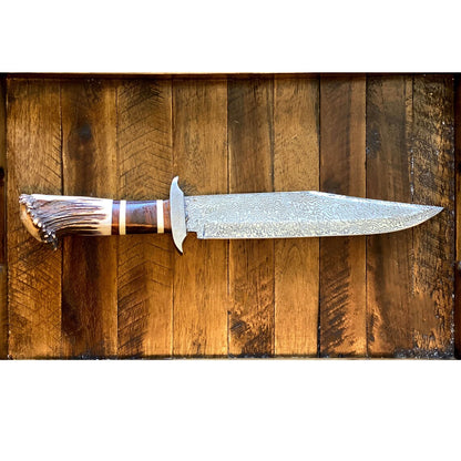 Custom Handmade Damascus Steel Bowie Knife – 15” Length with Stag Crown Handle and Leather Sheath