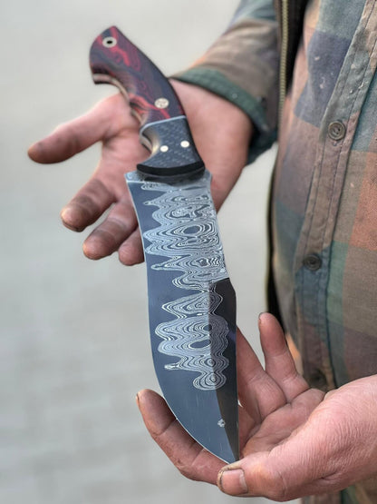 Unique Custom Handmade Damascus Steel Hunting Knife with 10" Resin Handle and Artisan Leather Sheath