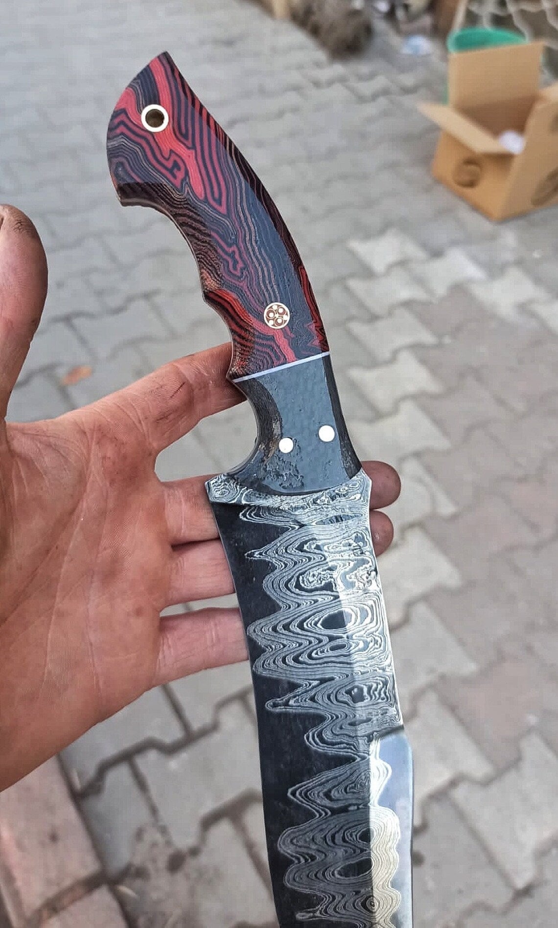 Unique Custom Handmade Damascus Steel Hunting Knife with 10" Resin Handle and Artisan Leather Sheath