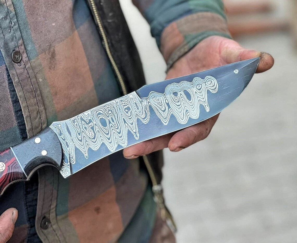 Unique Custom Handmade Damascus Steel Hunting Knife with 10" Resin Handle and Artisan Leather Sheath