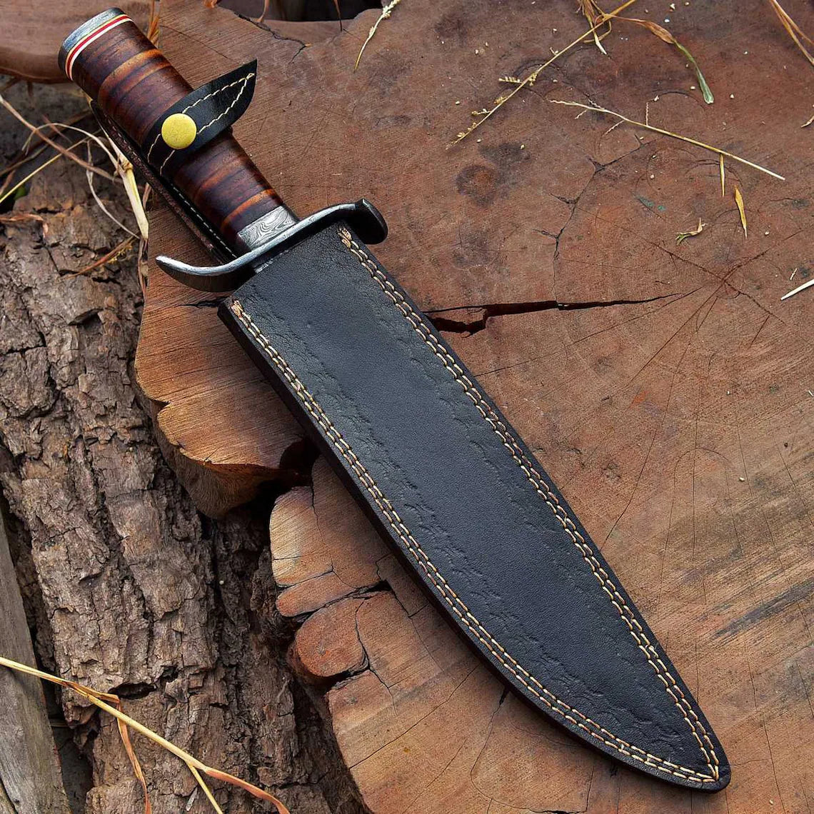 Custom Handmade Damascus Steel Hunting Bowie Knife with 15" Blade, Damascus Steel Guard, Leather Handle, and Leather Sheath