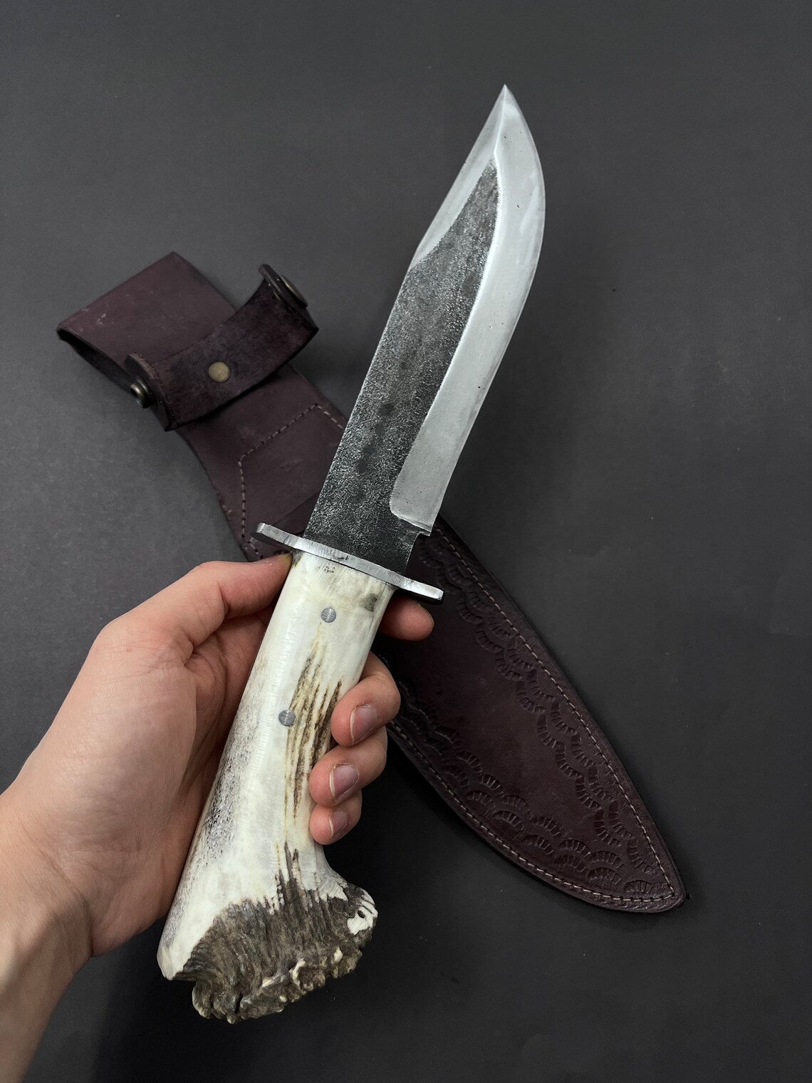 Custom Handmade J2 Steel Bowie Knife with Leather Handle, Steel Guard, Stag Crown, and Leather Sheath