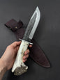 Custom Handmade J2 Steel Bowie Knife with Leather Handle, Steel Guard, Stag Crown, and Leather Sheath