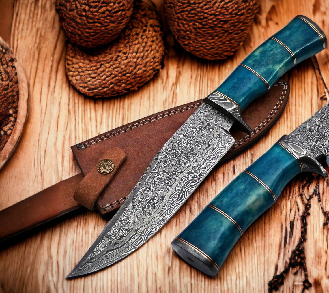 Handmade Damascus Steel Bowie Knife – 15” Blade with Camel Bone Handle, Damascus Steel Guard & Leather Sheath