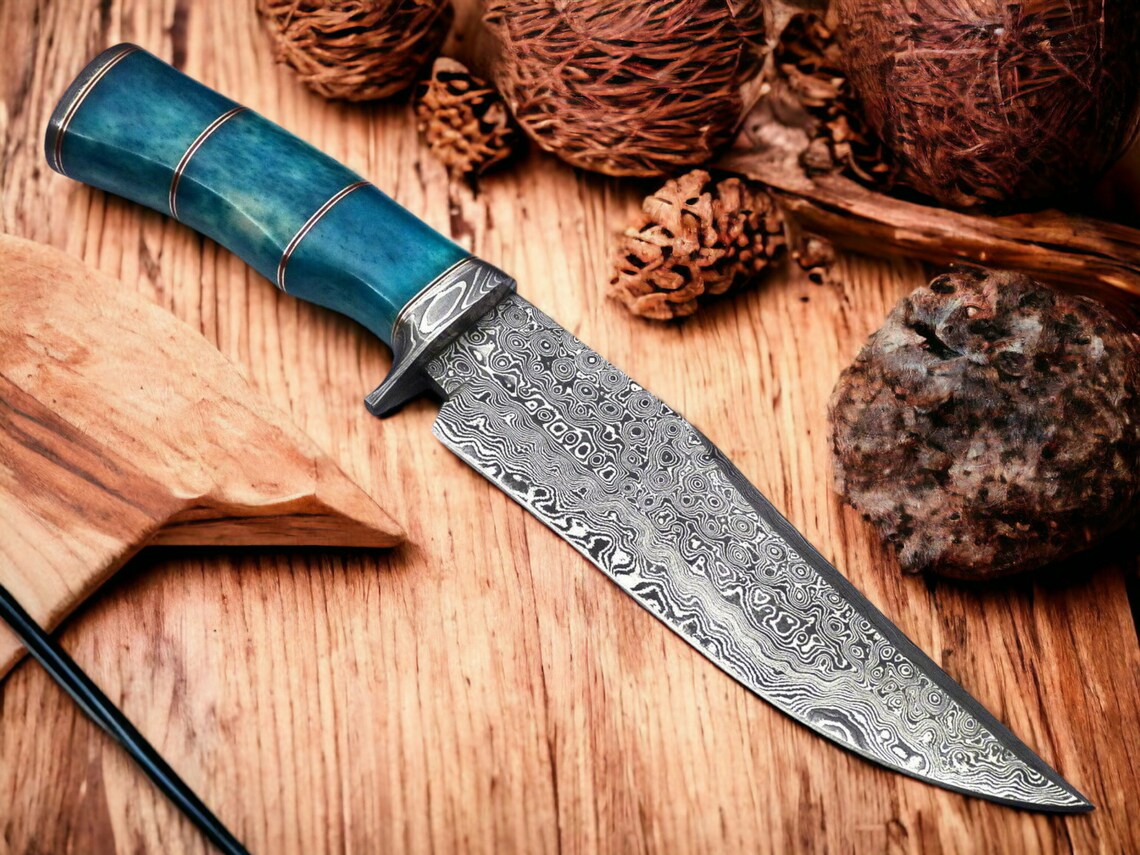 Handmade Damascus Steel Bowie Knife – 15” Blade with Camel Bone Handle, Damascus Steel Guard & Leather Sheath