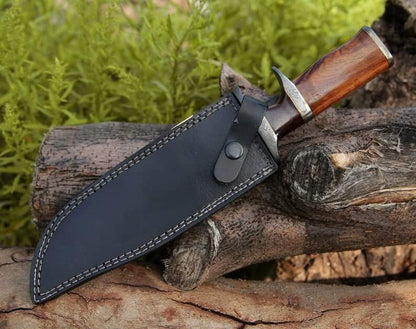 Custom Handmade Damascus Steel Bowie Knife 13" Length with Rosewood Handle, Damascus Steel Guard, and Leather Sheath