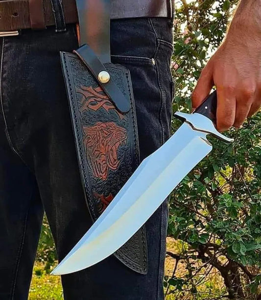 Custom Handmade Damascus Steel Bowie Knife with Leather Handle, Brass Guard, Resin Inlay, and Leather Sheath